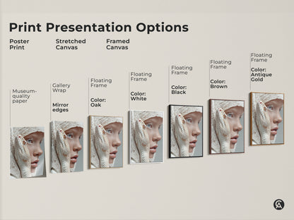 This image shows a print presentation option. It features a poster print a stretched canvas and a framed canvas. The colors are oak white black brown and antique gold. The artwork features an albino snake intertwined with a freckled woman.