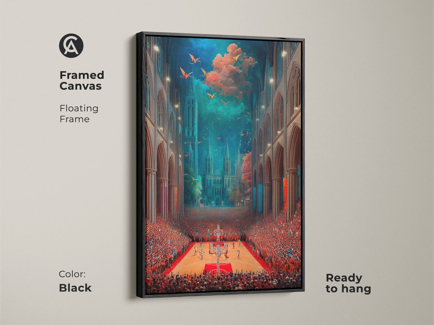 Framed canvas featuring surreal basketball cathedral art with a black floating frame. The artwork blends gothic architecture and sports themes. It creates an eclectic look for any room. Ready to hang this art in your office or man cave.