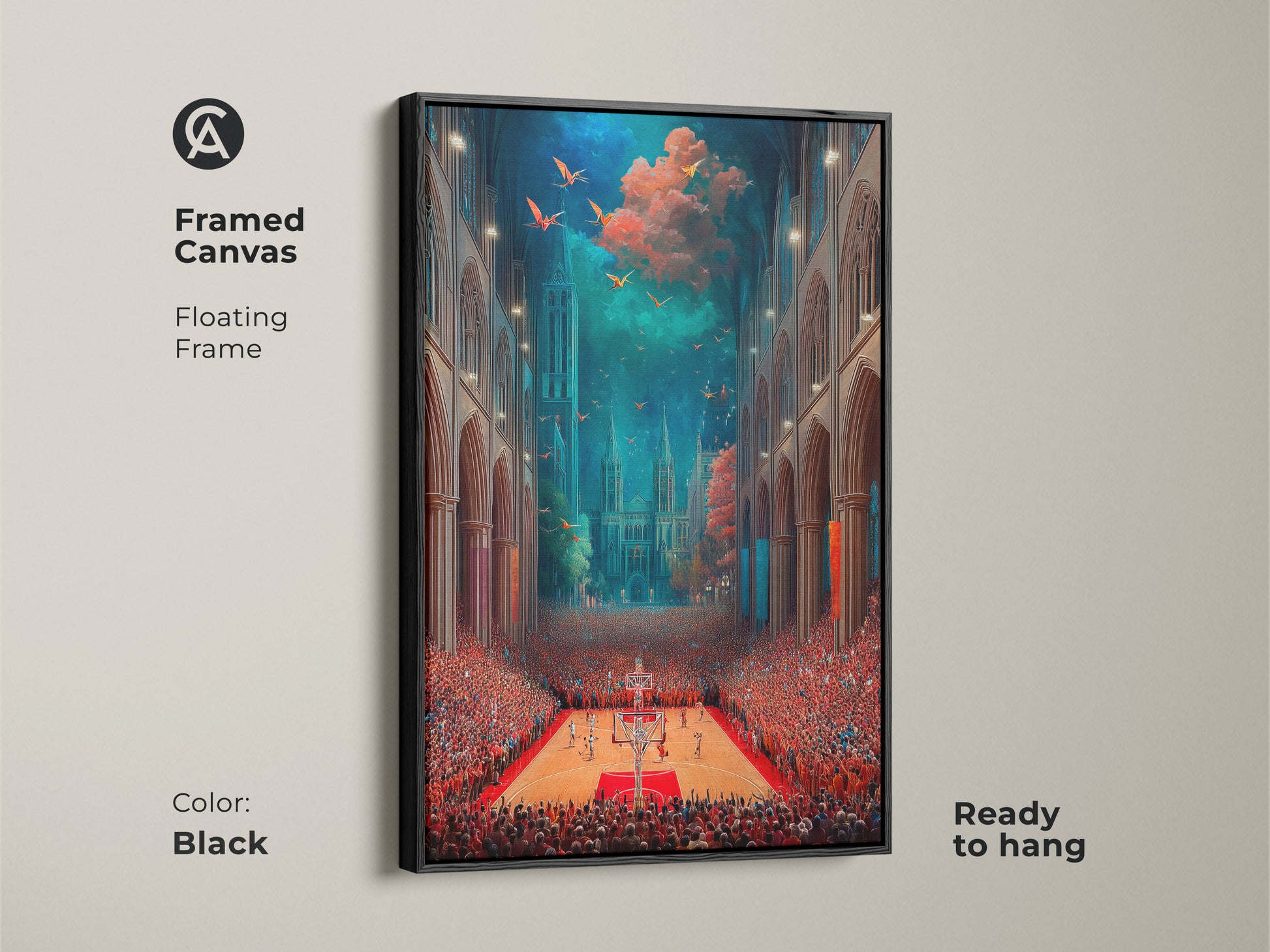 Framed canvas featuring surreal basketball cathedral art with a black floating frame. The artwork blends gothic architecture and sports themes. It creates an eclectic look for any room. Ready to hang this art in your office or man cave.