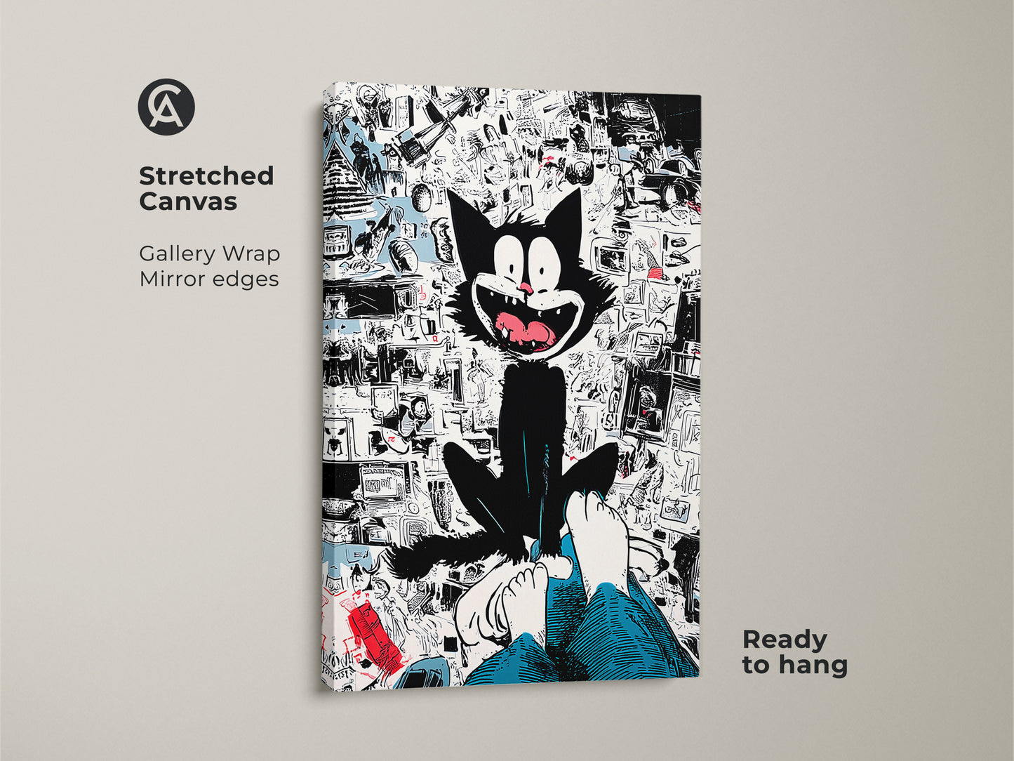 Stretched canvas art print featuring a playful black cat. The artwork includes a collage of cartoon imagery. This gallery-wrapped canvas has mirror edges. It comes ready to hang adding a whimsical touch to your home decor.