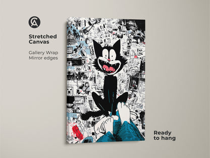 Stretched canvas art print featuring a playful black cat. The artwork includes a collage of cartoon imagery. This gallery-wrapped canvas has mirror edges. It comes ready to hang adding a whimsical touch to your home decor.