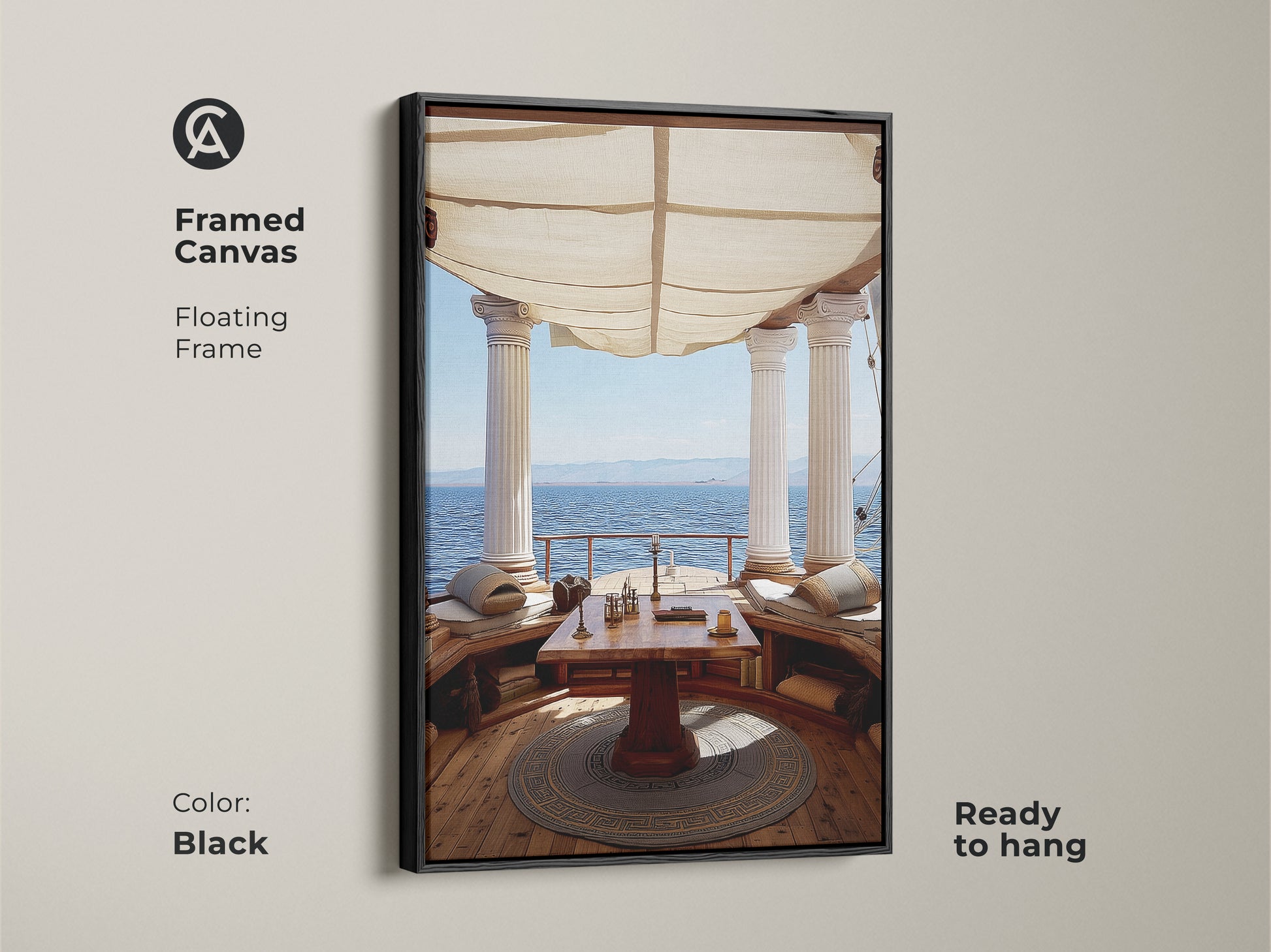 Framed Canvas floating frame in Black showcasing Classical Columns Art. Mediterranean Ocean View Wall Art for Study Room. Tan and Blue Art Decor is ready to hang. Coastal Living.