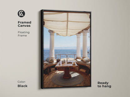 Framed Canvas floating frame in Black showcasing Classical Columns Art. Mediterranean Ocean View Wall Art for Study Room. Tan and Blue Art Decor is ready to hang. Coastal Living.