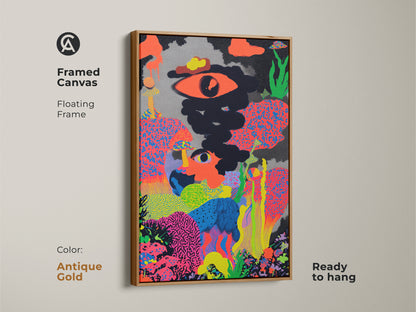 Framed canvas of a psychedelic pop art print. It has an antique gold floating frame. This abstract eye mushroom artwork is ready to hang. It's an eclectic home decor piece.