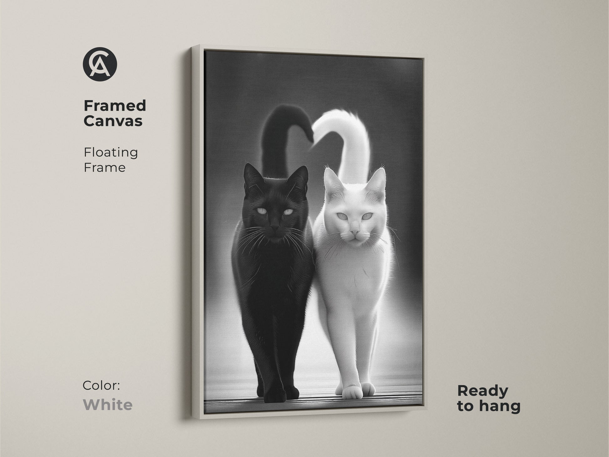 Framed Canvas with a floating frame in Antique Gold showcases a black and white cat art print. This modern animal artwork is ready to hang. The contemporary pet decor is a minimalist cat wall art. It's a perfect cat lover gift idea. The monochrome cats make a striking visual impact.