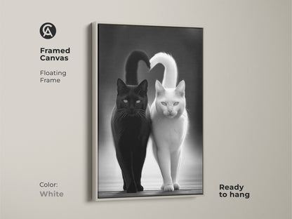 Framed Canvas with a floating frame in Antique Gold showcases a black and white cat art print. This modern animal artwork is ready to hang. The contemporary pet decor is a minimalist cat wall art. It's a perfect cat lover gift idea. The monochrome cats make a striking visual impact.