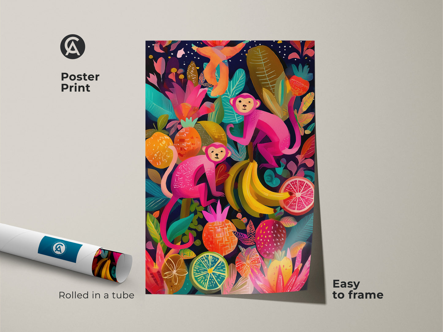 A poster print exhibits colorful monkey artwork with pink monkeys tropical fruits and jungle botanicals. Easy to frame and rolled in a tube for convenience. This jungle animal art print adds an eclectic touch to your home decor. Perfect funny monkey poster to brighten any space. Shop now