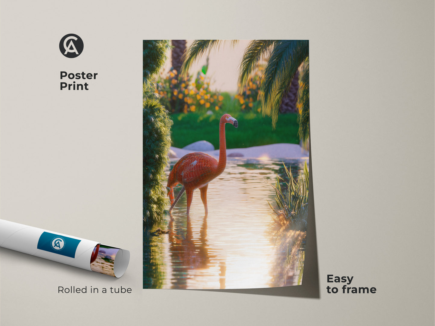 This poster print features a vibrant flamingo. This tropical nature canvas artwork is easy to frame. The rolled art print showcases a surreal flamingo in a palm tree scene. Coral orange green artwork adds a boho chic touch. Perfect home decor for animal lovers seeking nature inspired wall art.