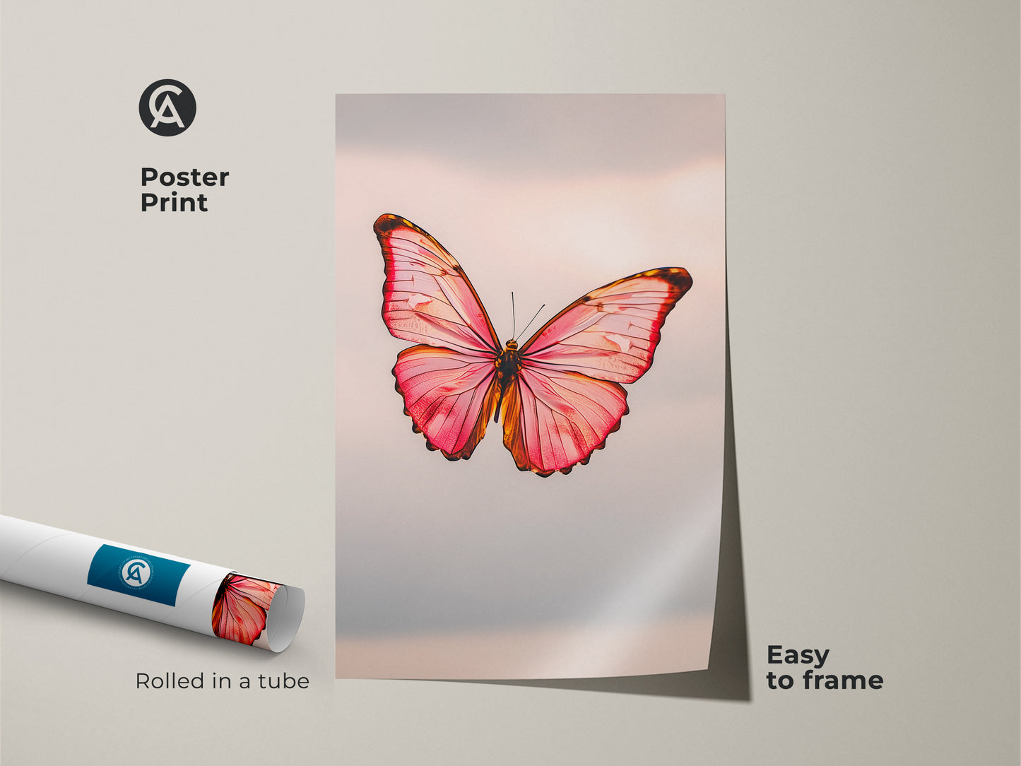 Poster print showcasing peach insect art rolled in a tube. The minimalist butterfly decor is easy to frame. The modern nature canvas features a pink butterfly. This rose gold butterfly print makes great office wall art.