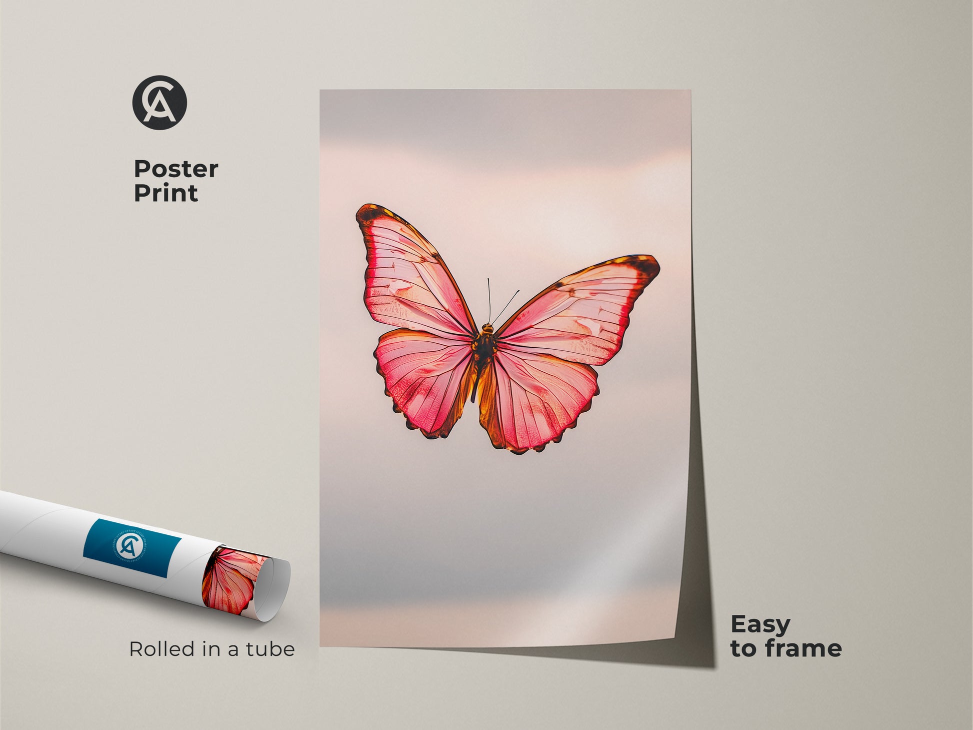 Poster print showcasing peach insect art rolled in a tube. The minimalist butterfly decor is easy to frame. The modern nature canvas features a pink butterfly. This rose gold butterfly print makes great office wall art.