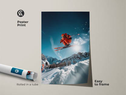 Skiing poster print rolled in a tube. Features a skier in mid-air soaring over snowy peaks. The clear blue sky contrasts with the white mountains. Easy to frame this poster will inspire adventure. Excellent for decorating a home office or ski lodge