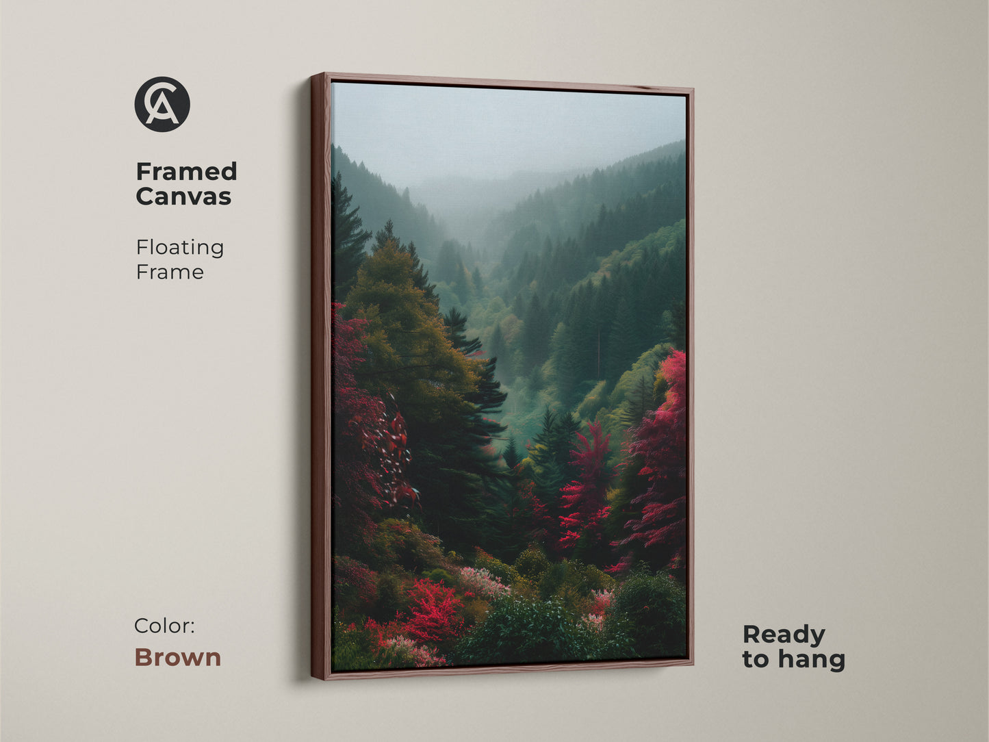 Brown framed canvas art displaying a misty forest landscape. This floating frame artwork is ready to hang. Enhance your home decor with this landscape art. Shop fine art prints now.