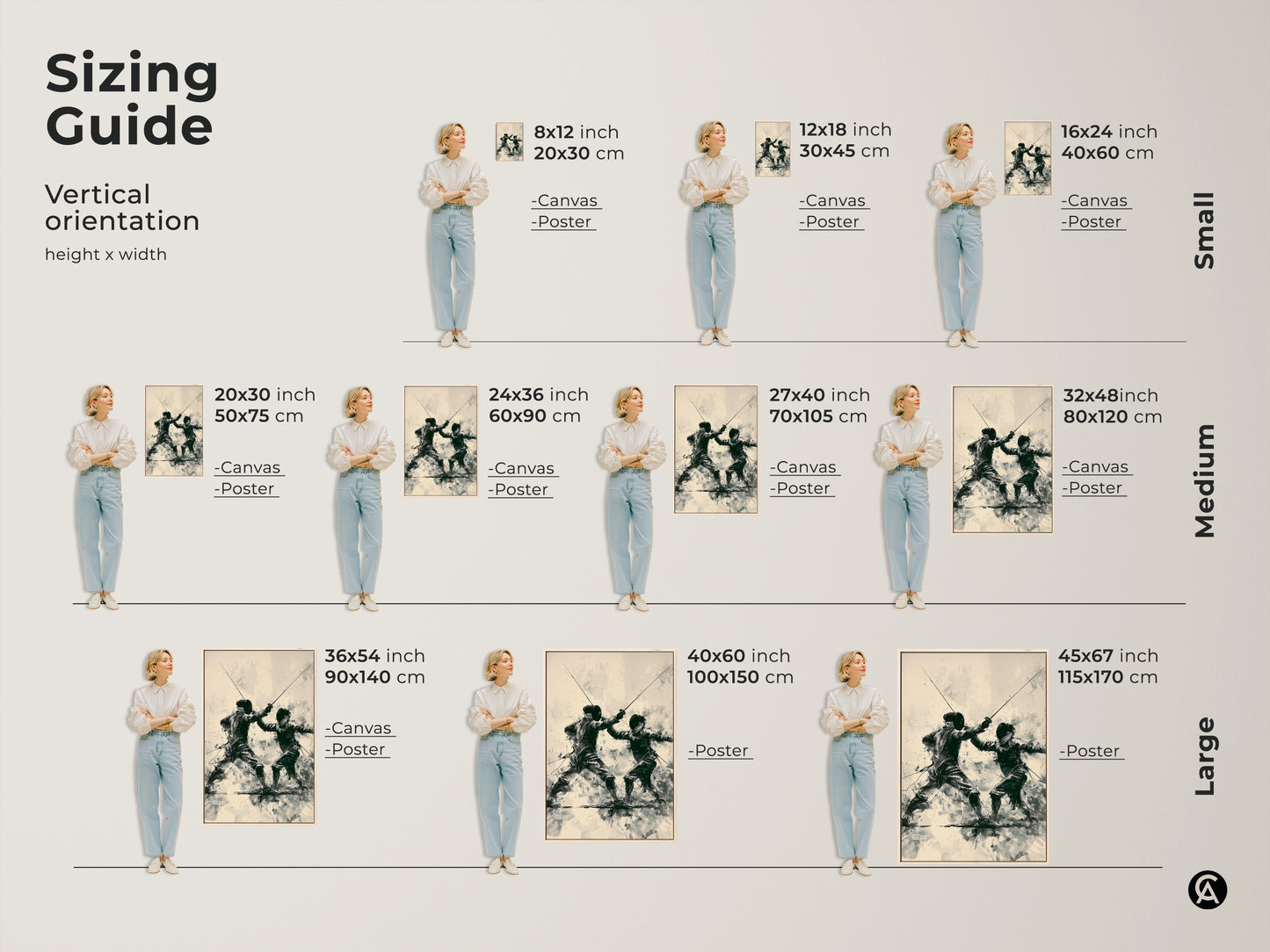 Sizing Guide for the fencing duel canvas and poster prints. Visualize vertical orientation options to fit any space. This modern sports art is a unique gift for athletes enhancing office and home gym decor with dynamic action.