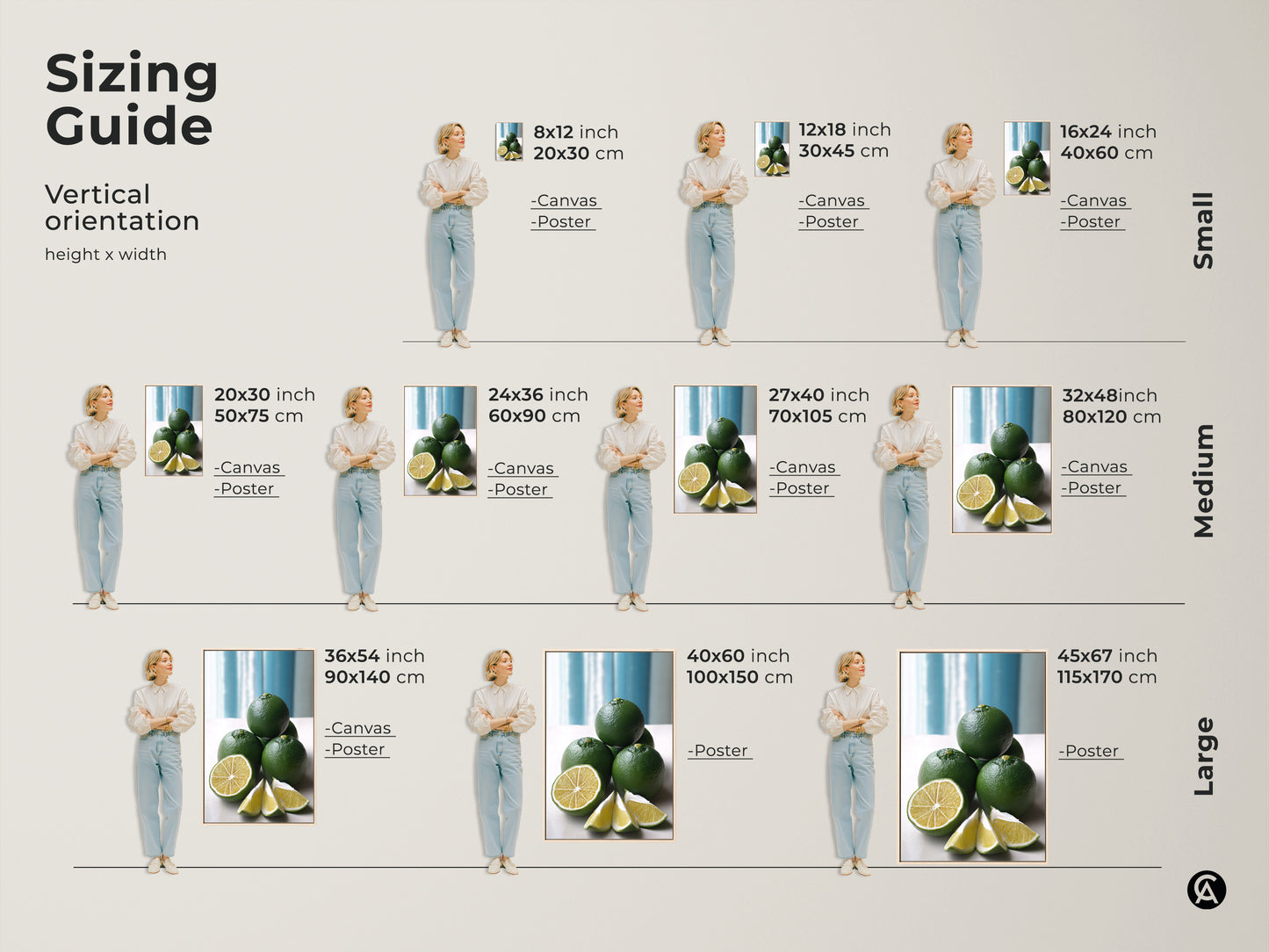 Sizing guide for vertical orientation of green lime still life artwork. Available in small medium and large sizes. Perfect for canvas or poster prints to complement your kitchen decor.