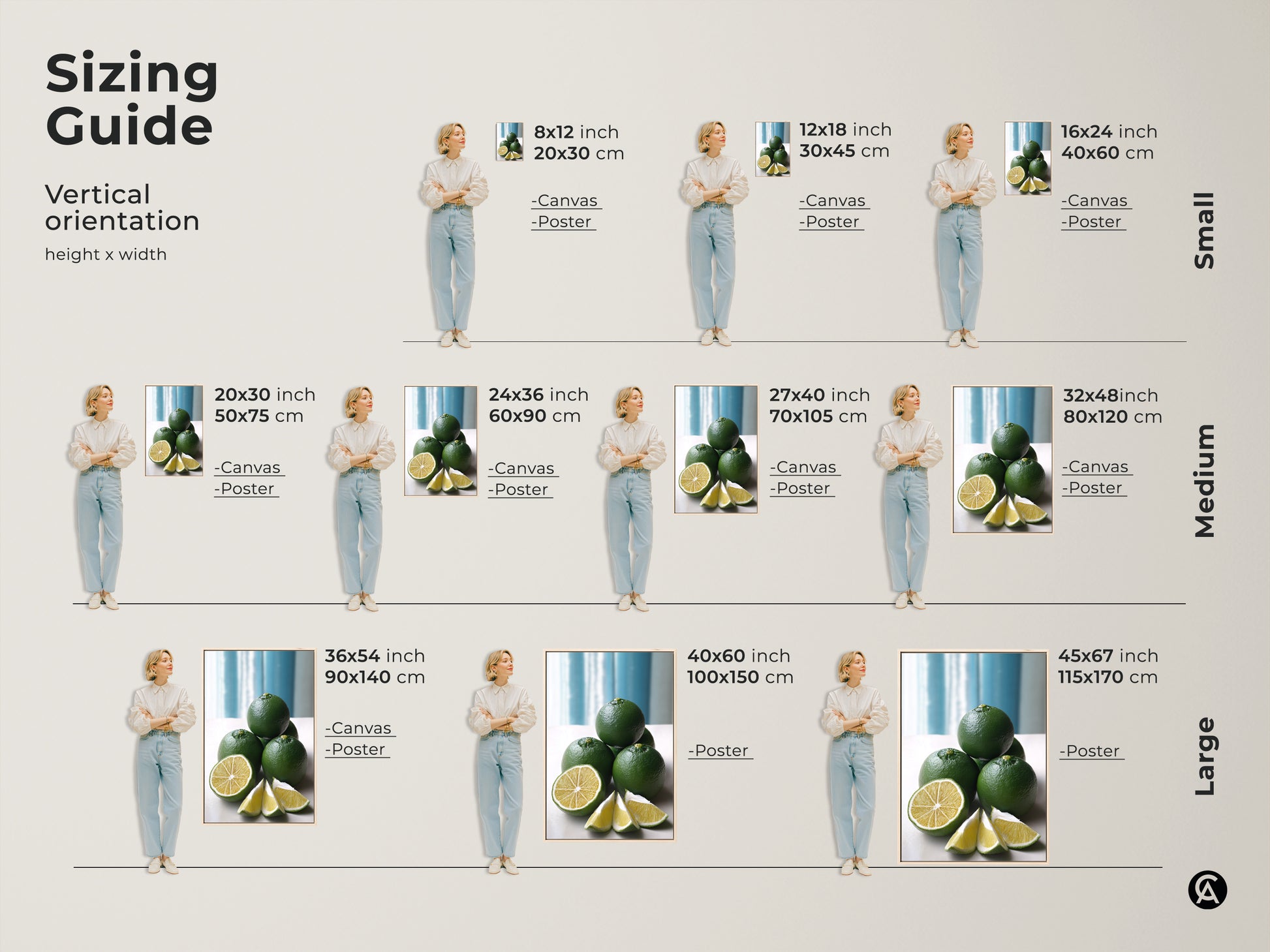 Sizing guide for vertical orientation of green lime still life artwork. Available in small medium and large sizes. Perfect for canvas or poster prints to complement your kitchen decor.