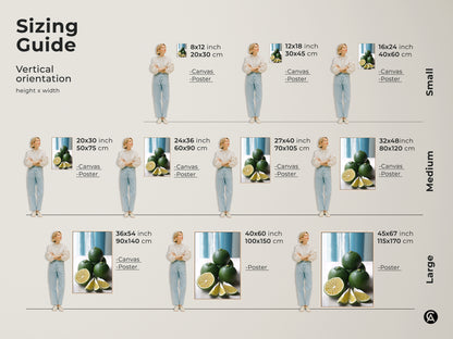 Sizing guide for vertical orientation of green lime still life artwork. Available in small medium and large sizes. Perfect for canvas or poster prints to complement your kitchen decor.