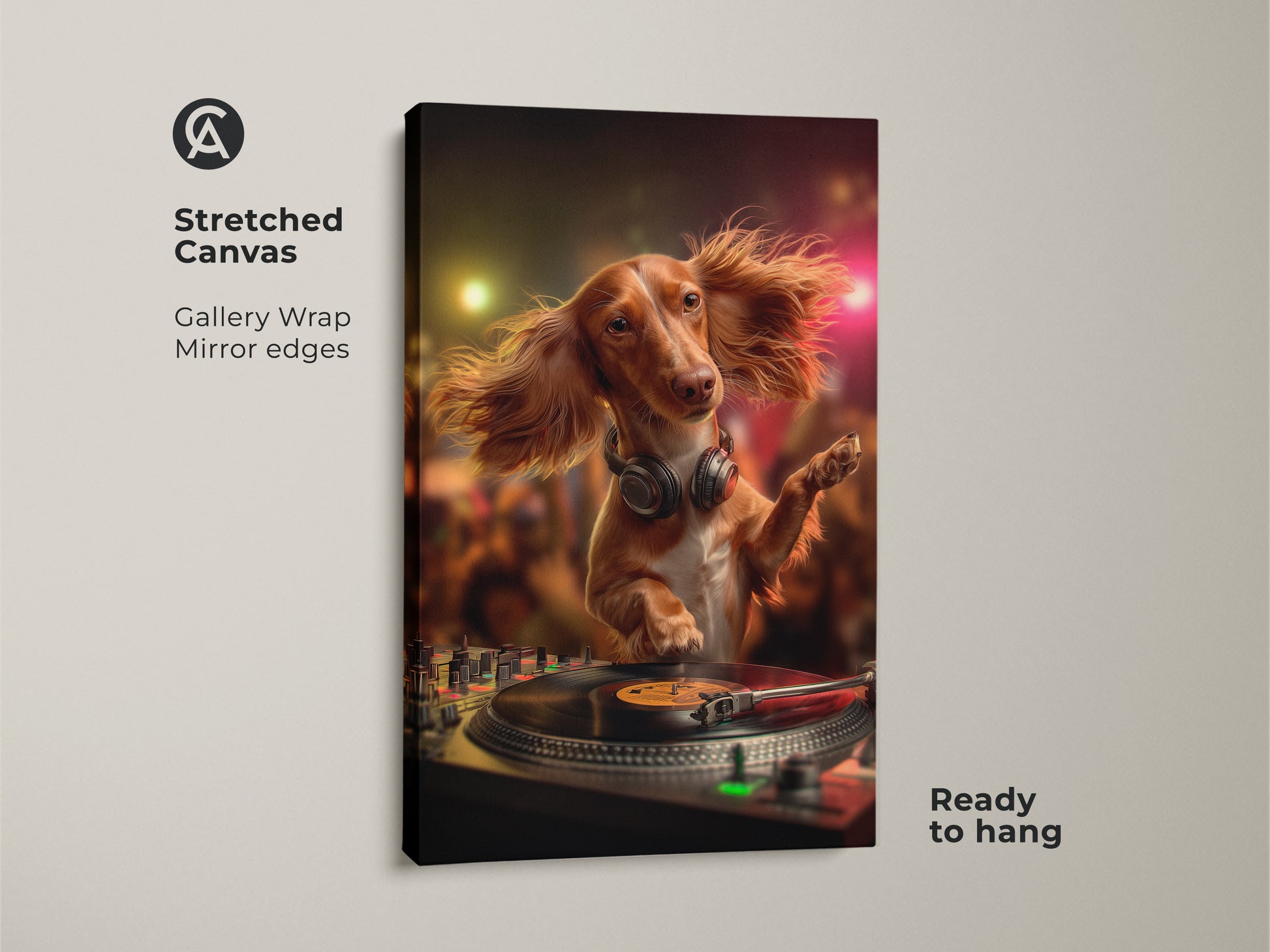 Stretched canvas featuring a Dachshund DJ artwork. The gallery wrap has mirrored edges. The photorealistic dog is ready to play music. It adds an eclectic and fun vibe to any room. The canvas is brown red and gold toned party art.