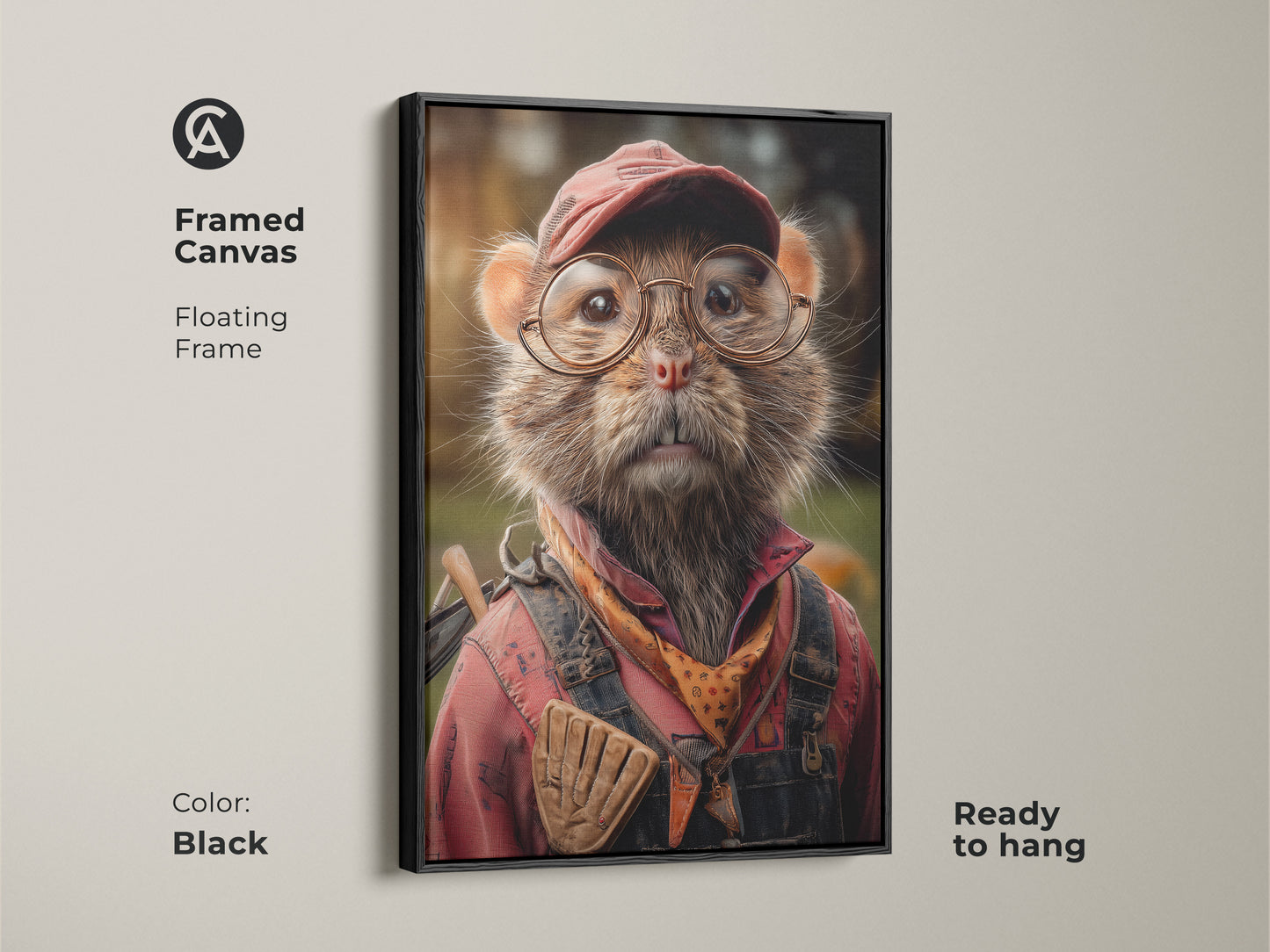 A framed canvas shows a cute mouse wall art print ready to hang. The animal is dressed in red overalls and glasses. This artwork is great for eclectic home decor. The floating frame adds a polished touch to the funny animal poster. Great gift idea for rustic home decor.
