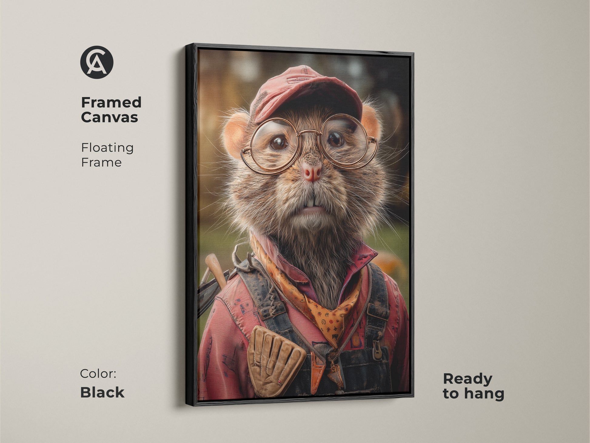 A framed canvas shows a cute mouse wall art print ready to hang. The animal is dressed in red overalls and glasses. This artwork is great for eclectic home decor. The floating frame adds a polished touch to the funny animal poster. Great gift idea for rustic home decor.