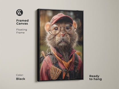 A framed canvas shows a cute mouse wall art print ready to hang. The animal is dressed in red overalls and glasses. This artwork is great for eclectic home decor. The floating frame adds a polished touch to the funny animal poster. Great gift idea for rustic home decor.