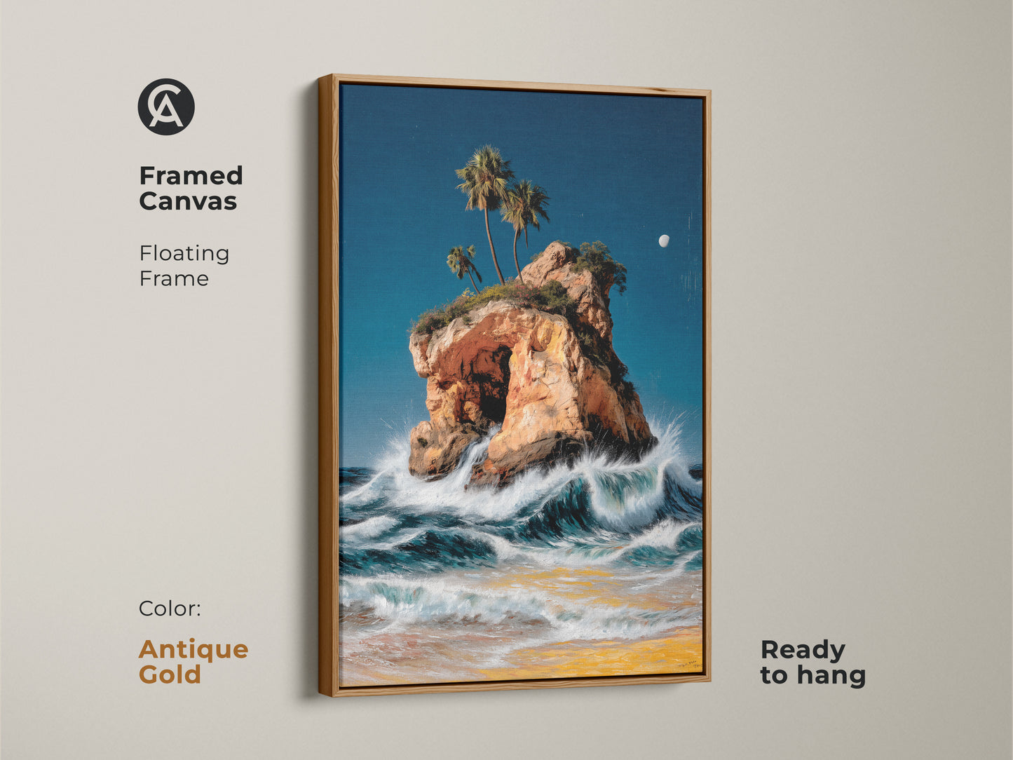 Framed canvas artwork featuring a coastal island and ocean waves. The floating antique gold frame adds a touch of elegance. Palm trees and beach decor enhance this seascape painting. Ready to hang this art print brightens any living space. The blue and orange oil painting style provides a calming effect.