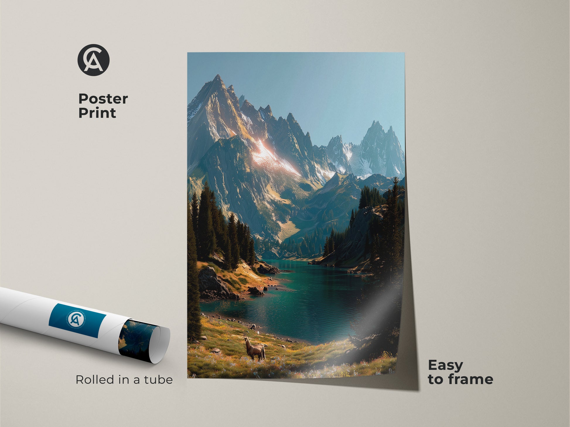 Poster print of a breathtaking mountain lake landscape. The artwork is rolled in a tube for easy framing. It showcases towering mountains a serene lake and a grazing deer. Enhance your space with this beautiful nature art.