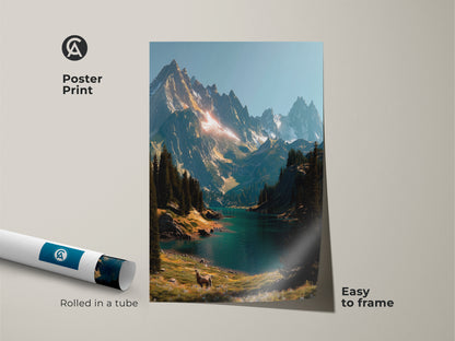 Poster print of a breathtaking mountain lake landscape. The artwork is rolled in a tube for easy framing. It showcases towering mountains a serene lake and a grazing deer. Enhance your space with this beautiful nature art.