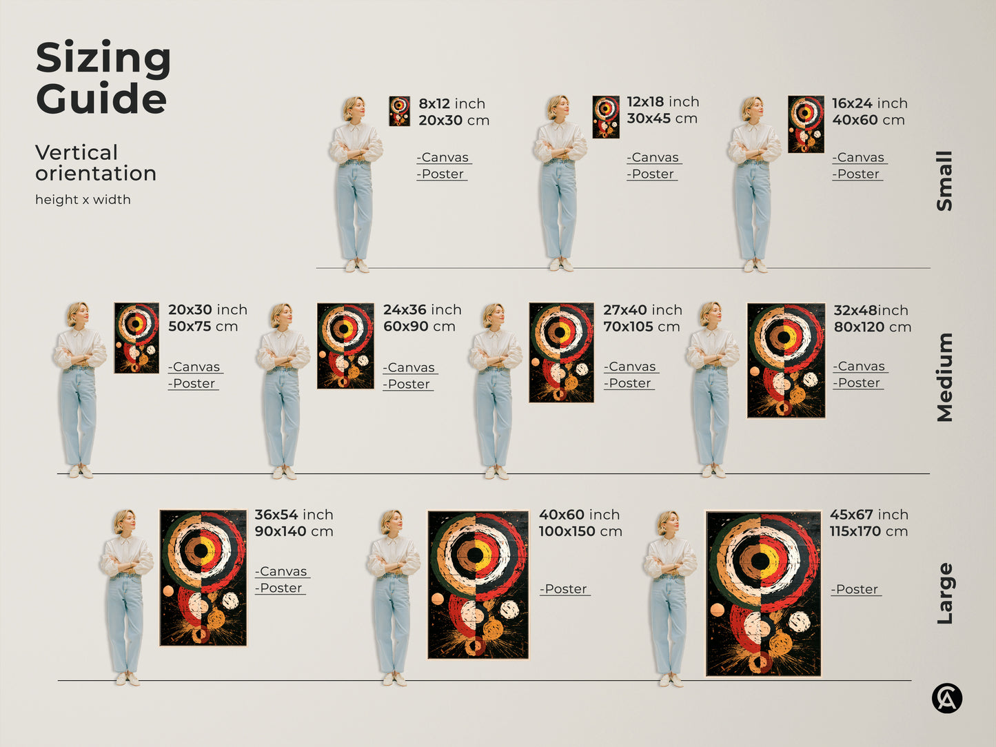 Sizing guide for Retro Abstract Geometric art prints. This mid-century modern wall decor comes in vertical orientations. It is available as canvas or poster in small medium and large sizes. Find the perfect fit for your home or office eclectic wall decor.