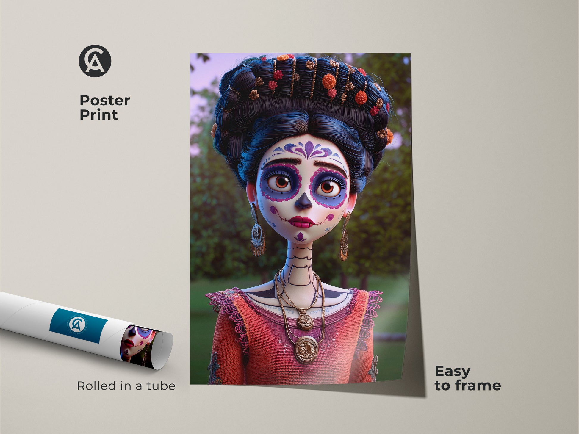 Easy-to-frame poster print of a Sugar Skull art. Mexican folk art rolled in a tube. Display the Dia de Muertos celebration decor. Vibrant coral orange purple tones add a unique cultural touch. Perfect gift for eclectic style enthusiasts.