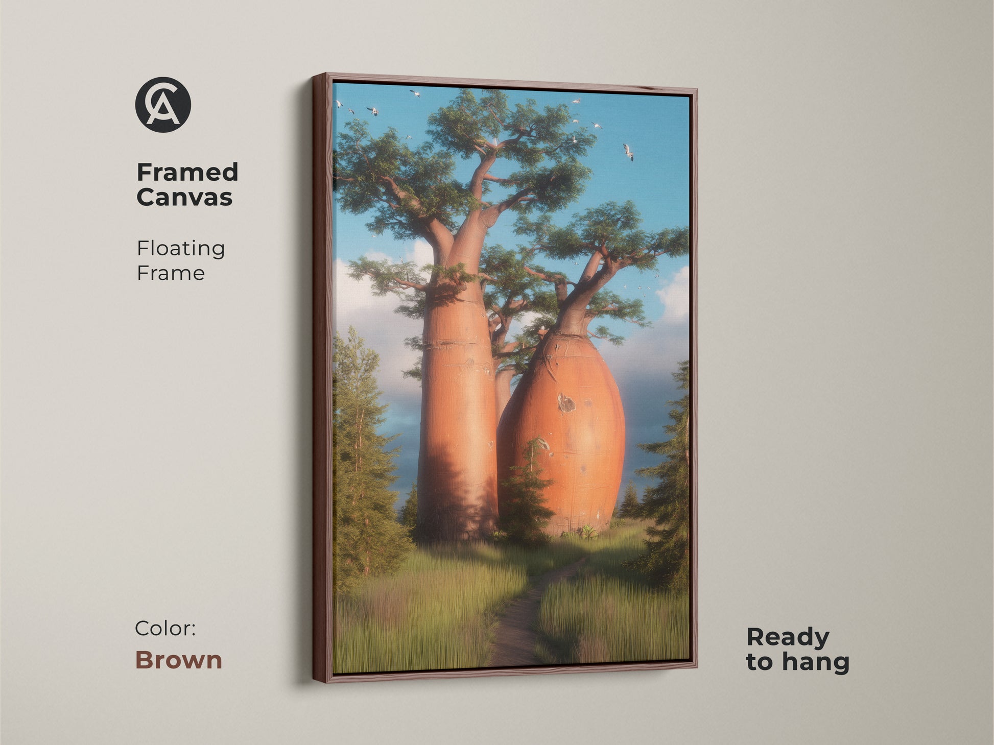 A framed canvas with a brown floating frame displays colorful landscape artwork. This tree art for home shows a bird flock. The natural landscape painting is ready to hang. It is perfect for living room nature decor.