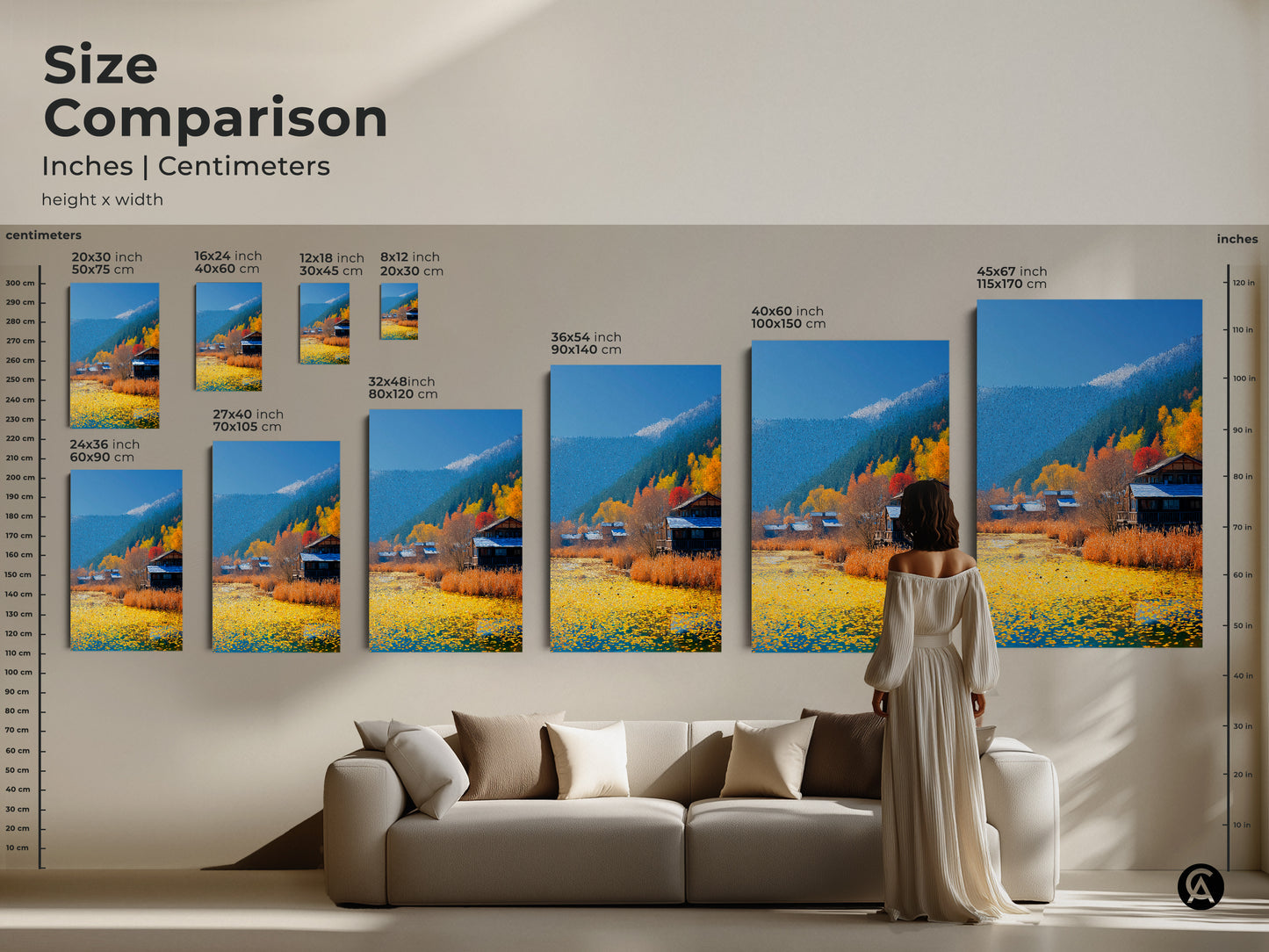 Size comparison in inches and centimeters shows various sizes. See the different sizes next to furniture and people. Artwork sizes vary from small to large here.