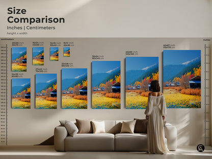 Size comparison in inches and centimeters shows various sizes. See the different sizes next to furniture and people. Artwork sizes vary from small to large here.