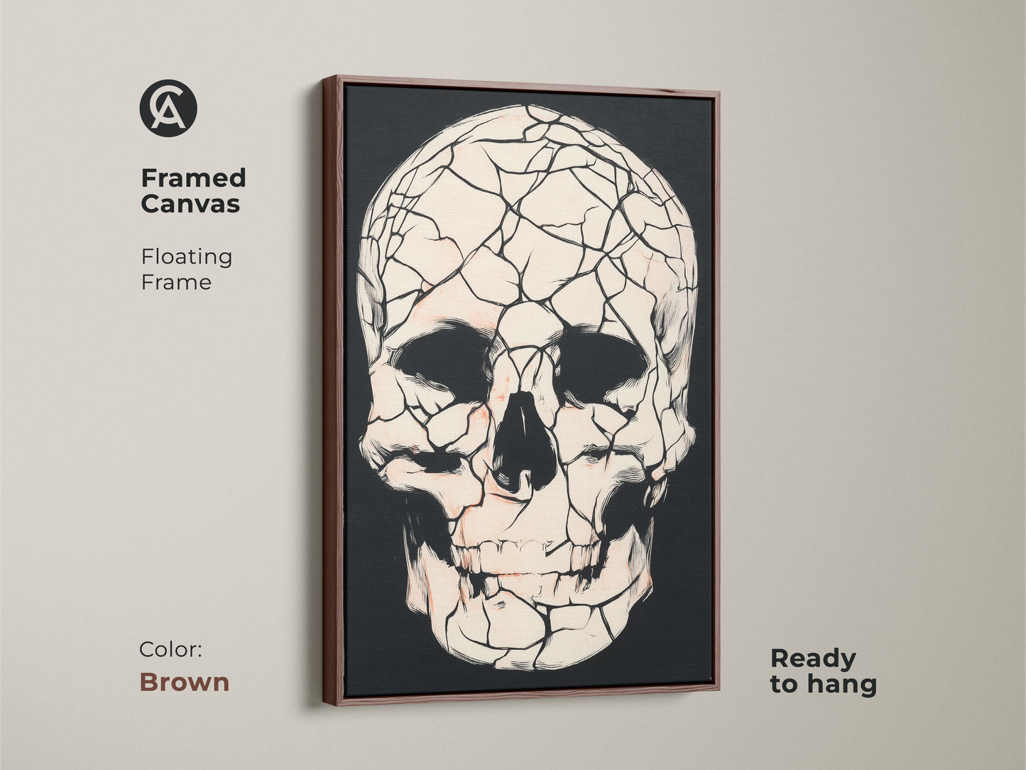 Framed canvas featuring a brown floating frame and a gothic cracked skull. This macabre skull art is ready to hang. It adds a touch of alternative art to any room. Black red and white artwork is a perfect gift for study or office room.