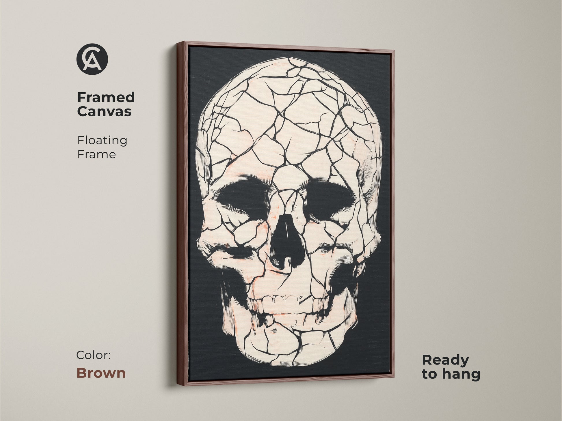 Framed canvas featuring a brown floating frame and a gothic cracked skull. This macabre skull art is ready to hang. It adds a touch of alternative art to any room. Black red and white artwork is a perfect gift for study or office room.