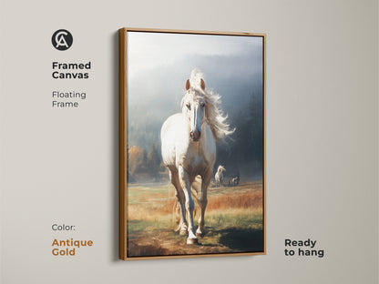Antique gold framed canvas of a white horse. This floating frame art is ready to hang. This animal artwork has a golden landscape. The rustic equestrian theme makes it a perfect housewarming gift.