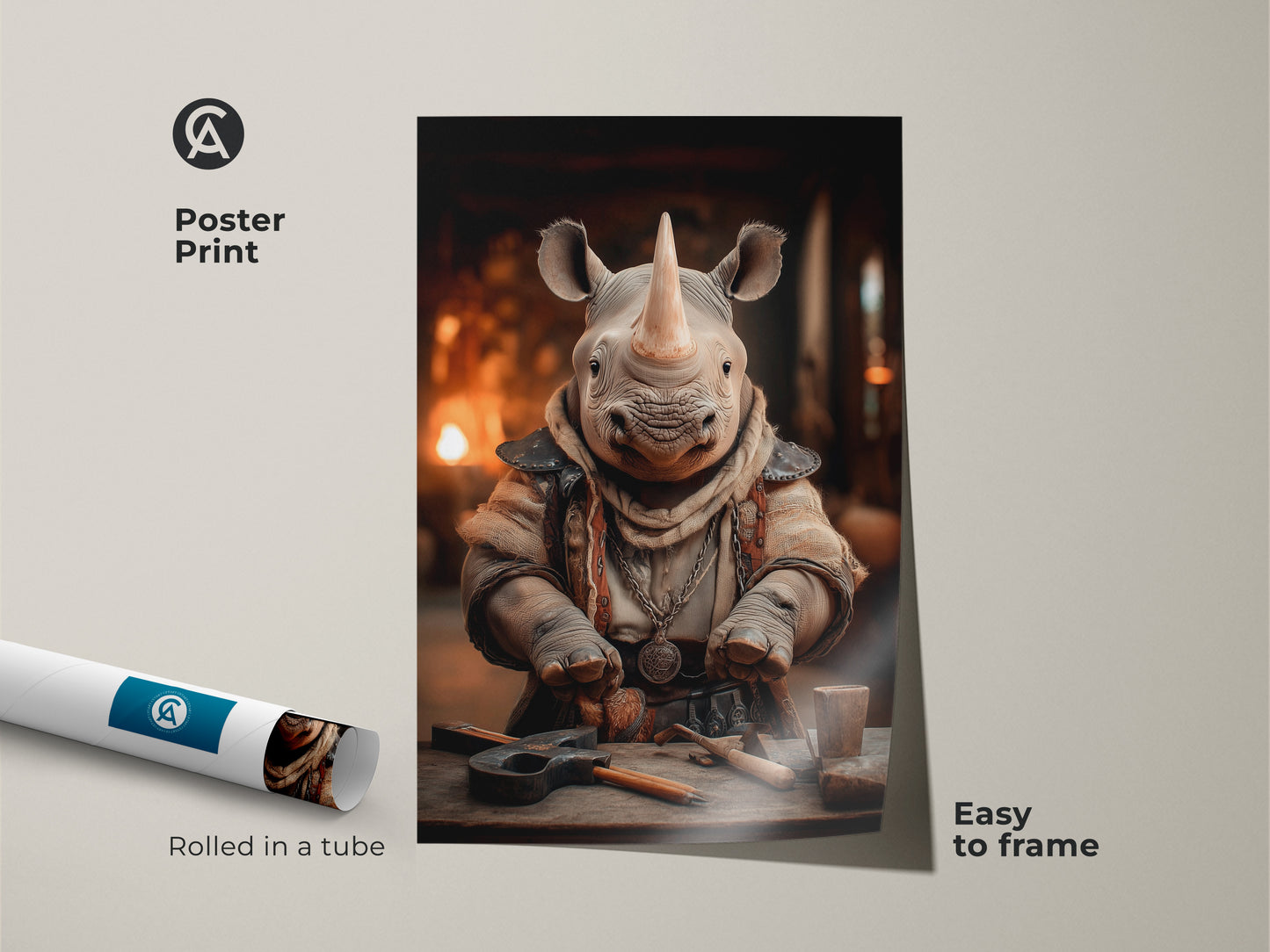 Poster print of a fantasy rhino character rolled in a tube ready to frame. The Tan and orange art piece is ideal for animal-themed rooms. It adds an eclectic touch to any office. This artisan artwork serves as a unique gift for animal lovers enhancing decor with whimsy.