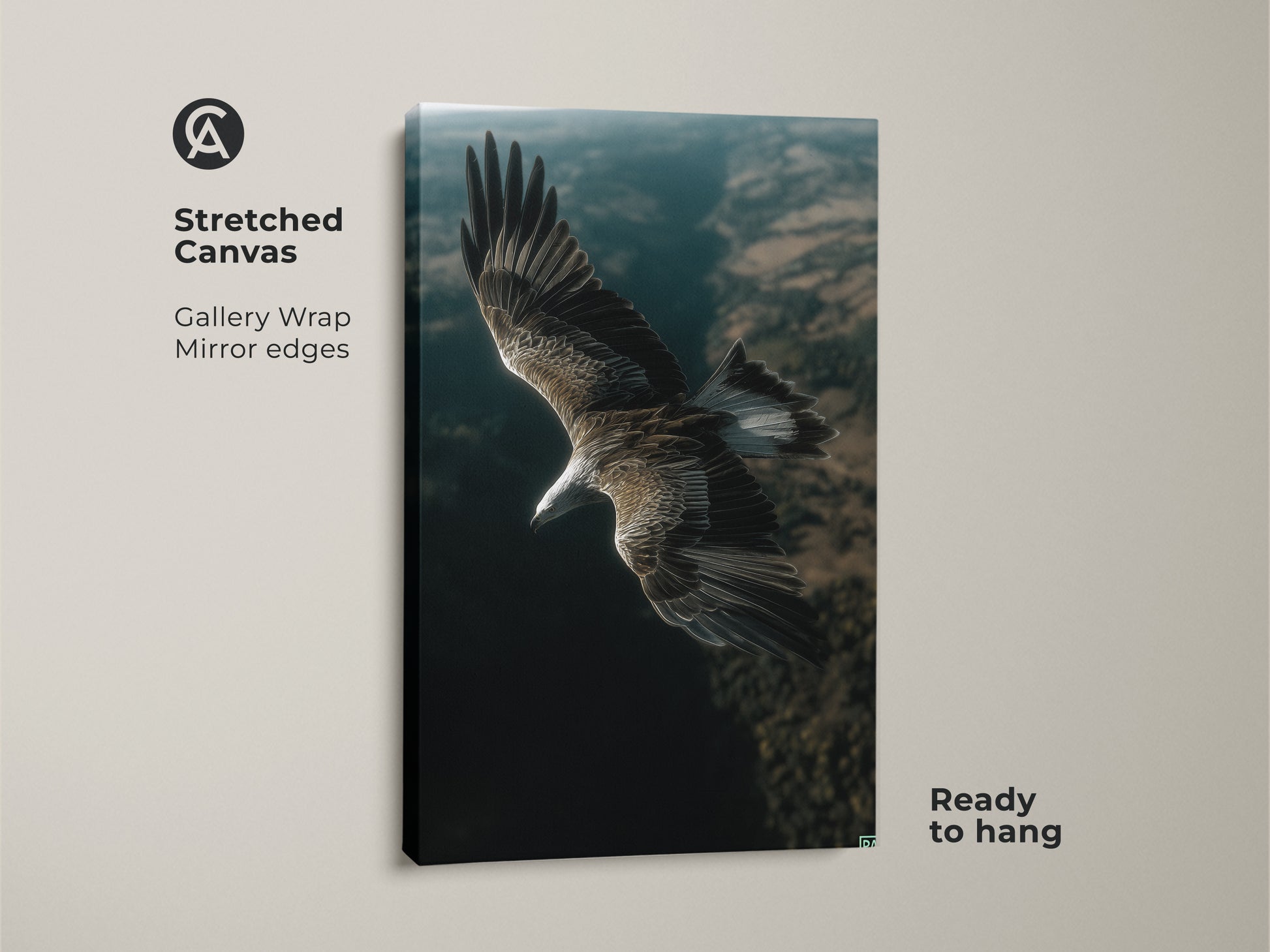 Stretched canvas gallery wrap of an eagle in flight. The mirror edges add to the realistic bird of prey print. This majestic wildlife wall decor is ready to hang. A great nature lover gift art for any forest animal canvas collector.