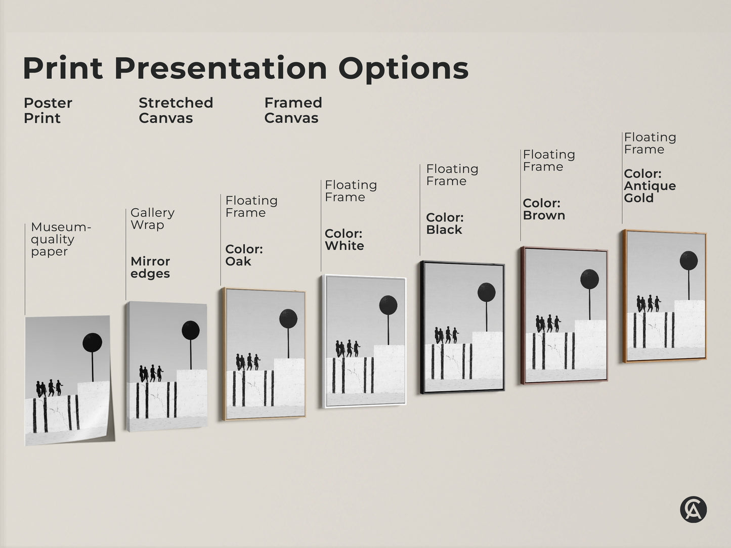 Print presentation options include a poster print a stretched canvas and a framed canvas. The art depicts surreal figures with a black sphere. The monochrome artwork suits any modern minimalist aesthetic.