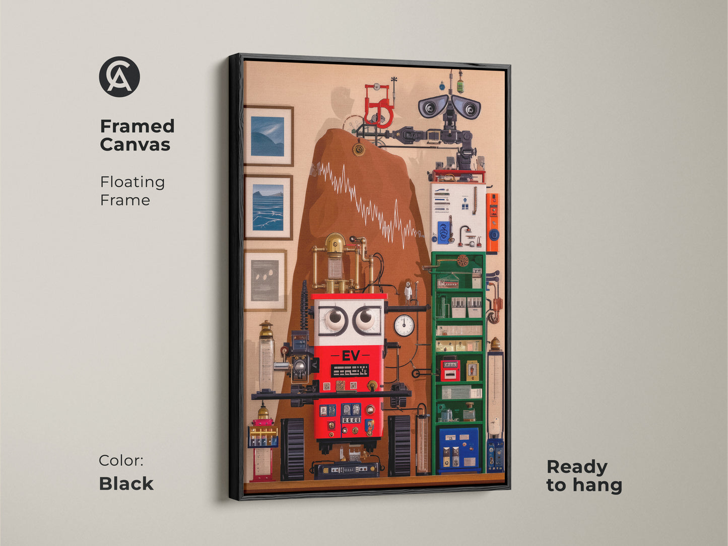 This framed canvas features surreal steampunk robot artwork. The floating frame complements its intricate gears. The frame color is black. Red blue and brown add an eclectic touch. The abstract machine artwork is ready to hang. It is an ideal gift for tech enthusiasts.