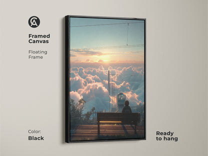 Framed canvas with a floating black frame showcasing a train above the clouds at sunrise. This cinematic landscape wall art is ready to hang. The dreamy travel artwork brings a touch of wonder to your home. Perfect for contemporary interiors and as a unique wall decor gift. A serene nature sunrise print.