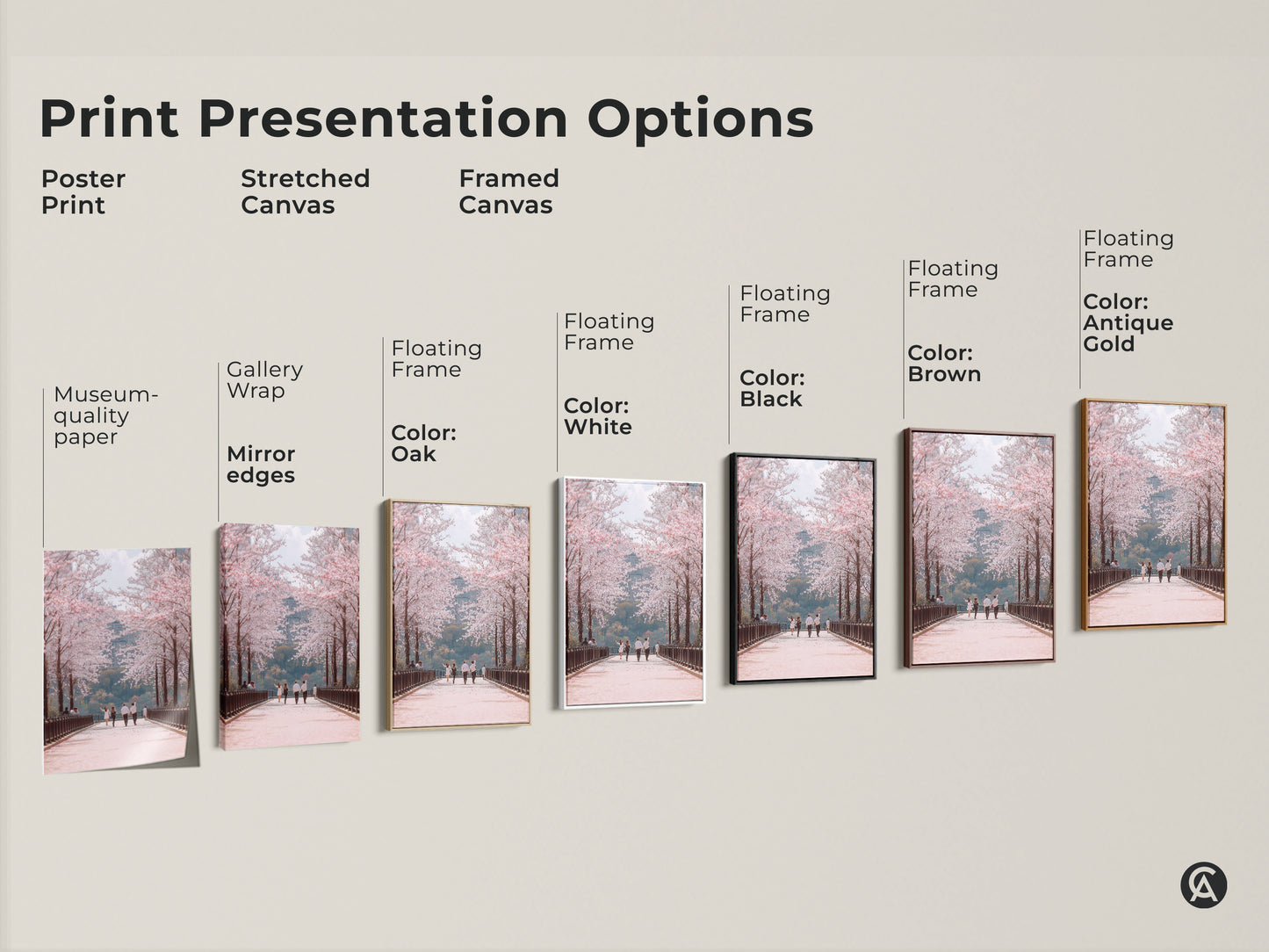 Explore print presentation options for this romantic spring walk artwork. Choose from poster prints stretched canvas and framed canvas. Find the perfect style to match your decor. Each option captures the beauty of the cherry blossom path and couple.