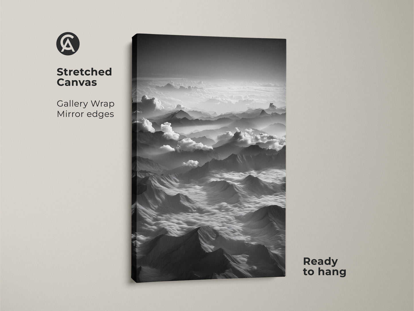 Stretched canvas of aerial landscape presents monochrome mountain wall art. Black and white mountain artwork brings nature indoors. Foggy mountain range decor for modern minimalist spaces. Ready to hang gallery-wrapped print adds serenity to any room. Ideal nature lover gift.