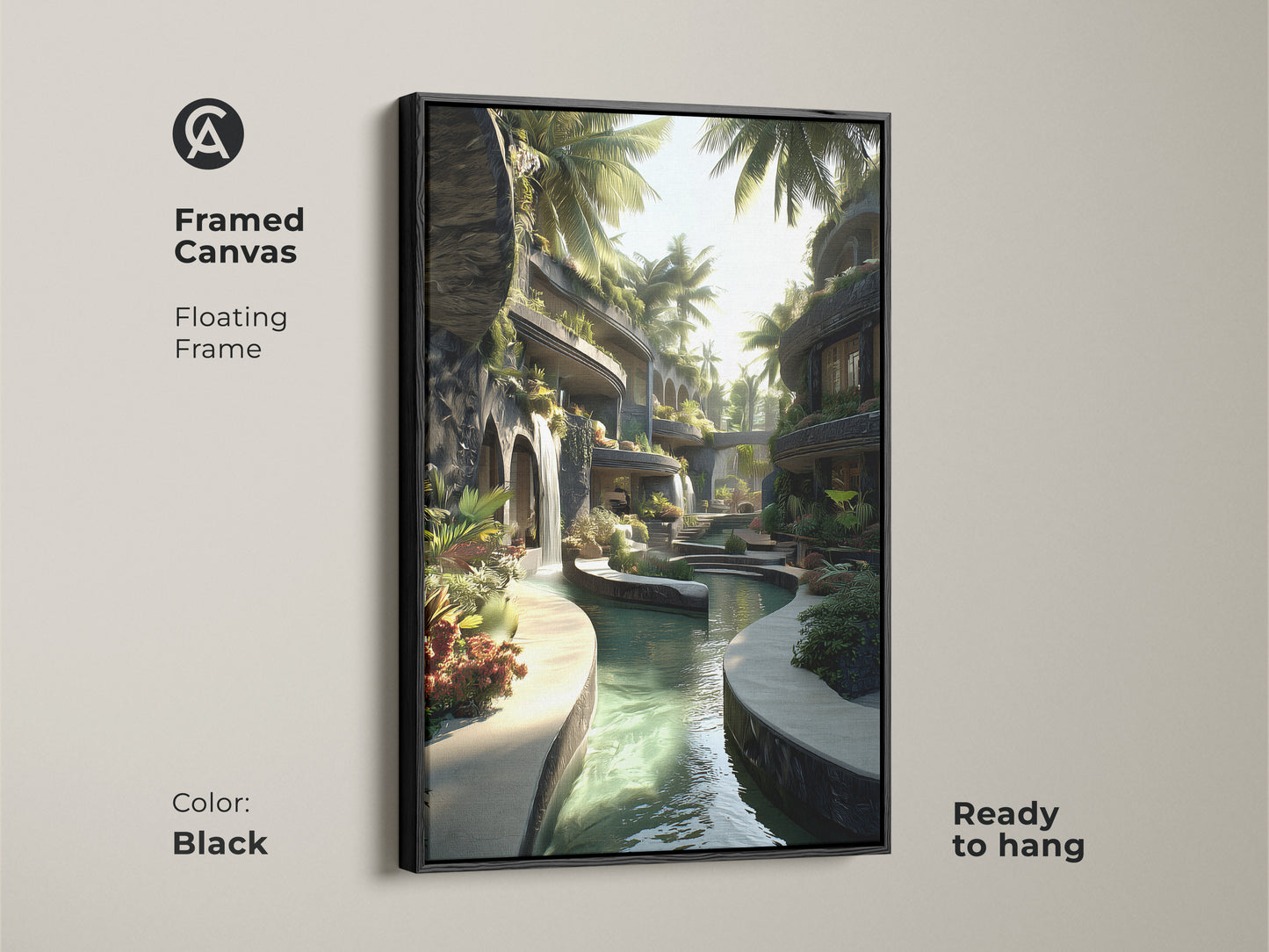 Framed canvas print showcasing a tropical waterfall and palm trees. The black floating frame enhances the modern artwork. Ready to hang this piece brings biophilic elements. The green and blue art adds a resort atmosphere to any room. Ideal for eclectic wall decor.
