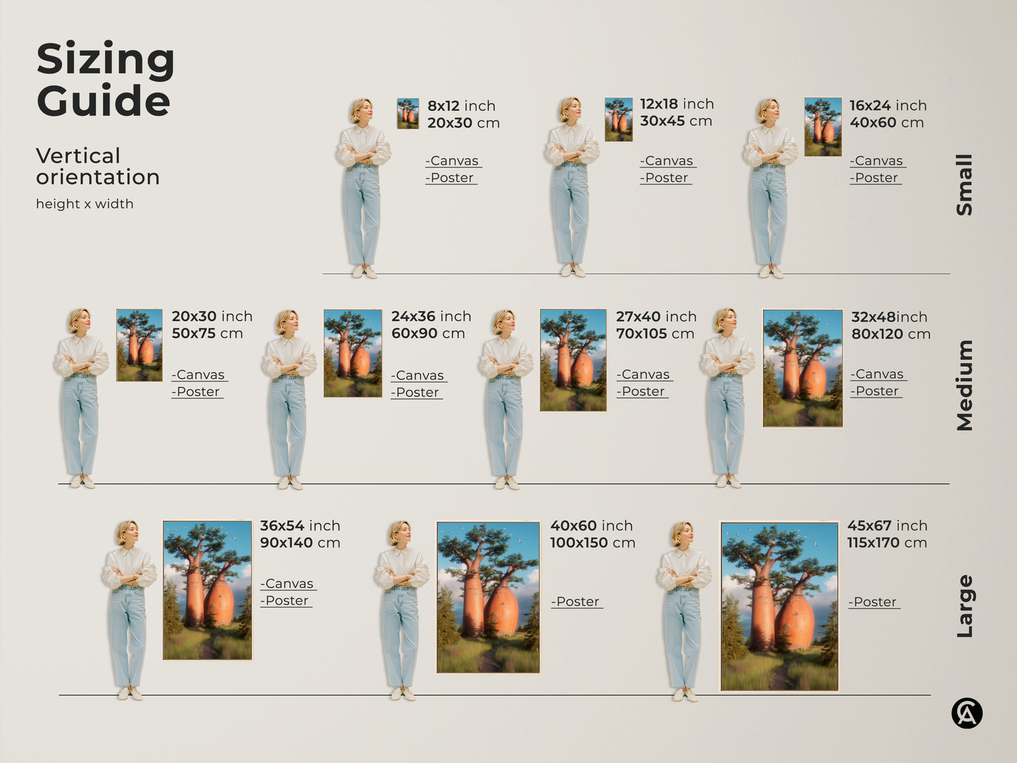 Sizing guide for vertical Baobab tree art prints. Find the perfect fit for your space. Canvas and poster options are available in small medium and large sizes. Choose the ideal scenic nature wall art for your home decor.