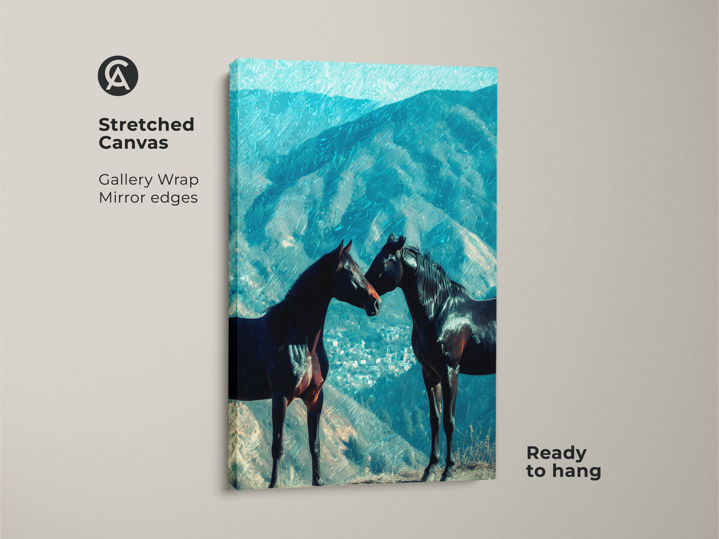 Gallery wrapped canvas shows two horses against an impressionistic mountain view. This equine landscape decor has mirror edges adding depth. This horse couple canvas art is ready to hang making it perfect for eclectic home decor art. A unique animal artwork.