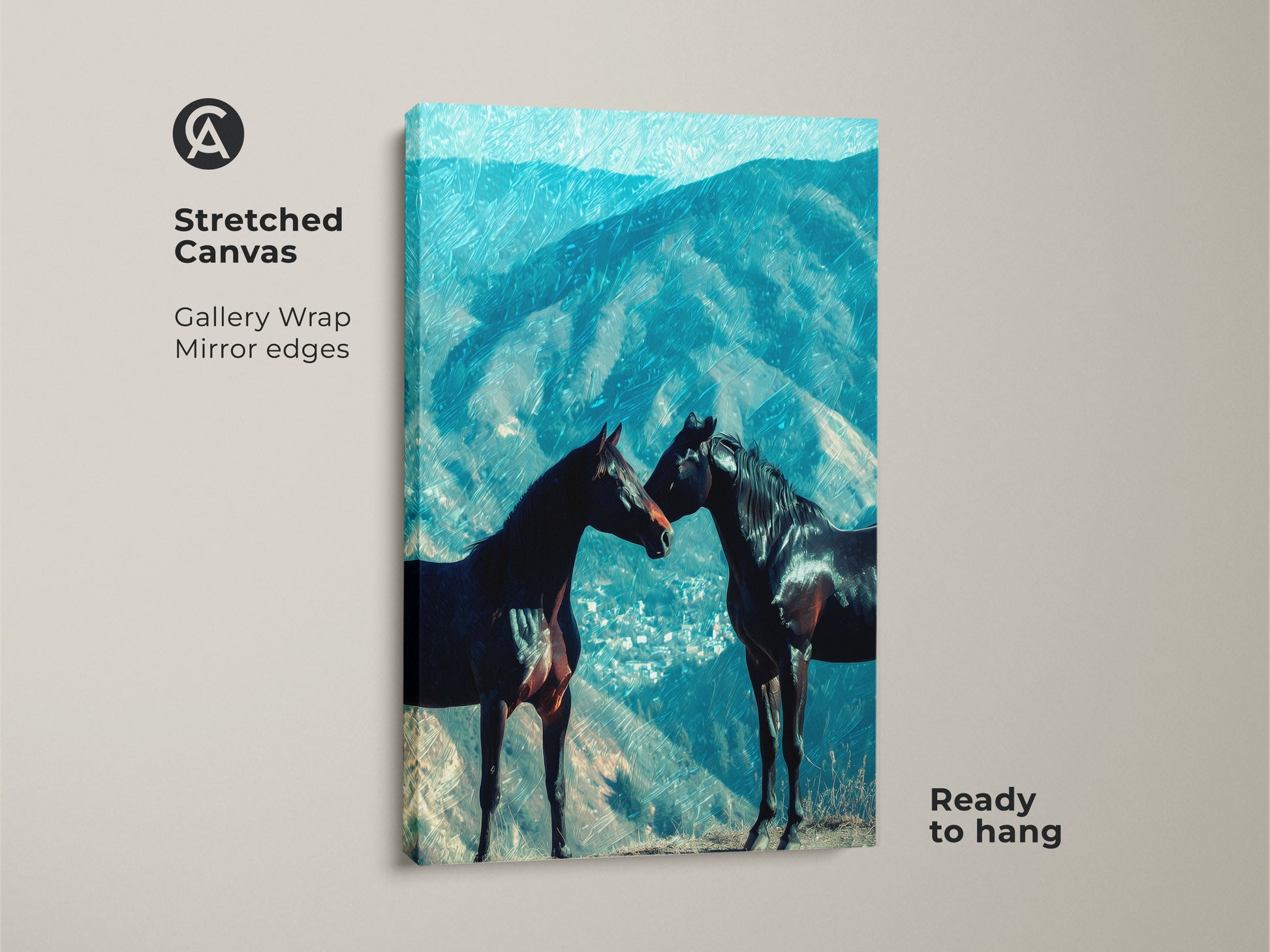 Gallery wrapped canvas shows two horses against an impressionistic mountain view. This equine landscape decor has mirror edges adding depth. This horse couple canvas art is ready to hang making it perfect for eclectic home decor art. A unique animal artwork.