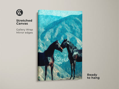 Gallery wrapped canvas shows two horses against an impressionistic mountain view. This equine landscape decor has mirror edges adding depth. This horse couple canvas art is ready to hang making it perfect for eclectic home decor art. A unique animal artwork.