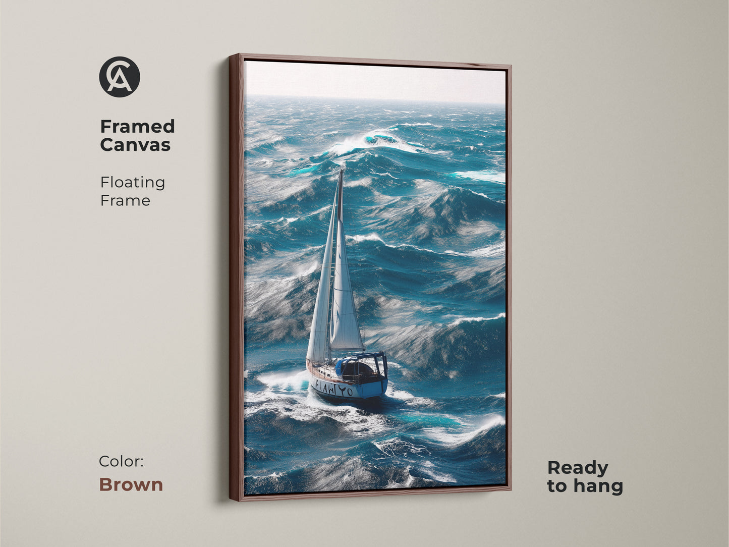 Brown framed canvas showcasing a sailboat sailing on turbulent ocean waves. This nautical home decor offers a coastal living room feel. Ready to hang this deep blue sea artwork.  Excellent housewarming gift for sailors or anyone who loves marine life artwork.