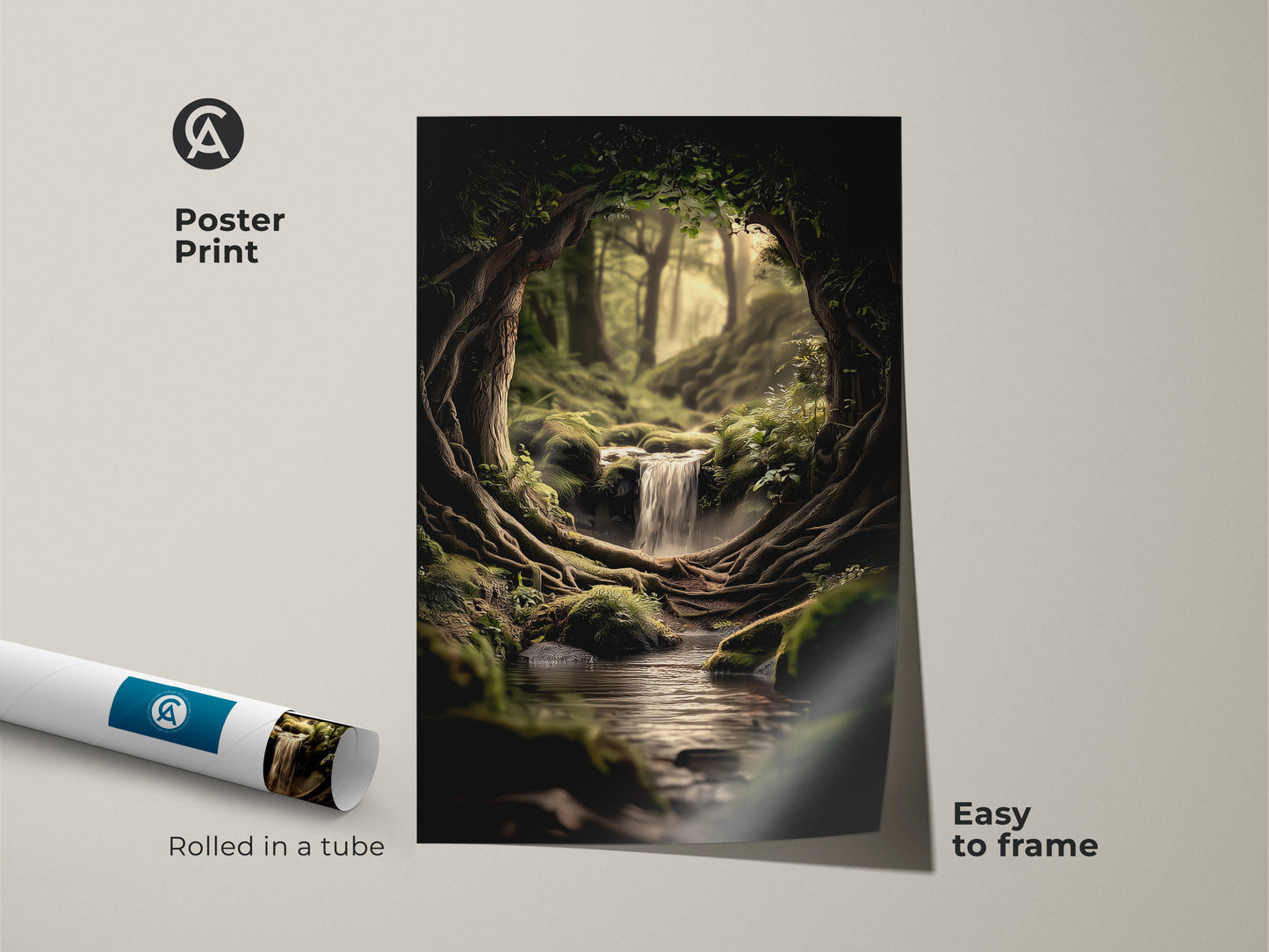 Poster print of woodland waterfall decor is rolled in a tube for easy framing. The digital art print nature features a fantasy forest scene. The art is a unique nature lover housewarming gift.
