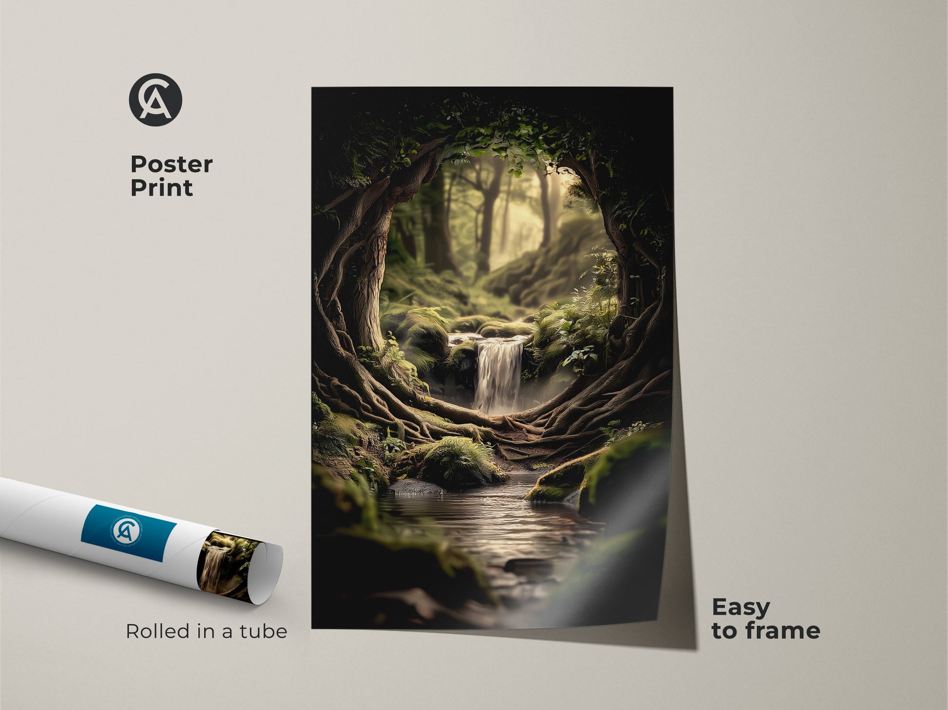 Poster print of woodland waterfall decor is rolled in a tube for easy framing. The digital art print nature features a fantasy forest scene. The art is a unique nature lover housewarming gift.